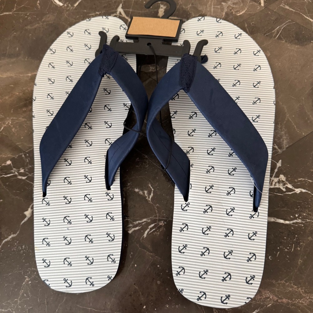 Old Navy Mens Blue Anchor Stripe Flip Flops Nautical Beach Sandals LG RN129919
